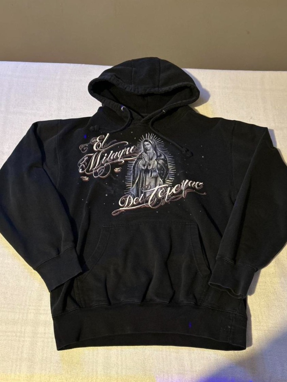 Black Graphic Zip-Up Sweater with Religious Chest Artwork